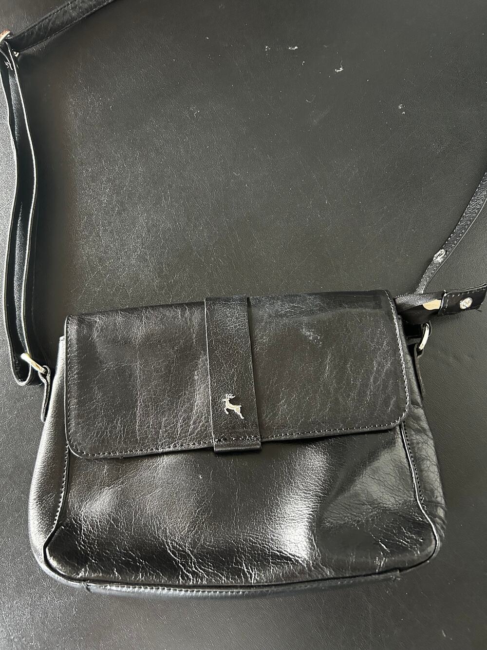 Ashwood Genuine Black Leather Crossbody Bag Silver Stag Deer Logo Flap
